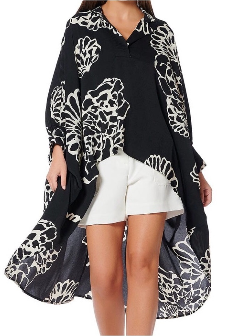 Gracia Black & White Floral High-Low Tunic Top Size M